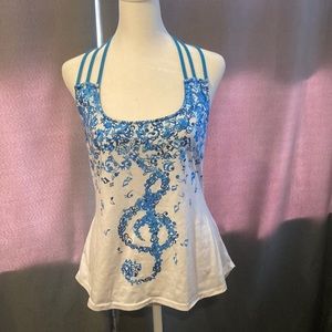 NWOT WOMEN MUSICAL 1X CROSS SPAGHETTI STRAP LONGER IN BACK, TURQUOISE EMBROIDERY
